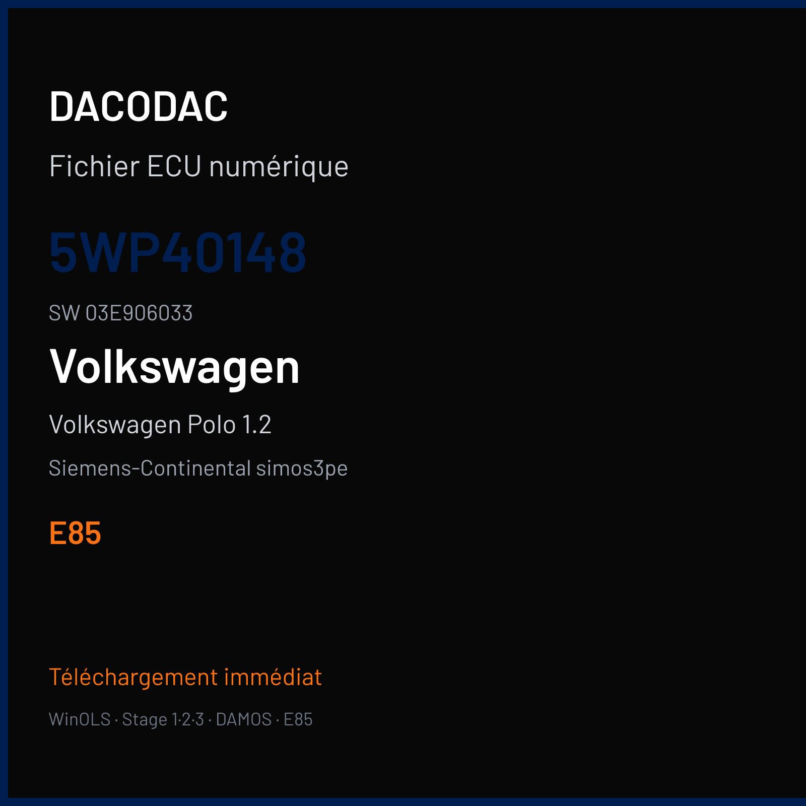 Volkswagen Polo 1.2 — Siemens-Continental simos3pe — 5WP40148 · 03E906033 · S3ED043000000 — E85