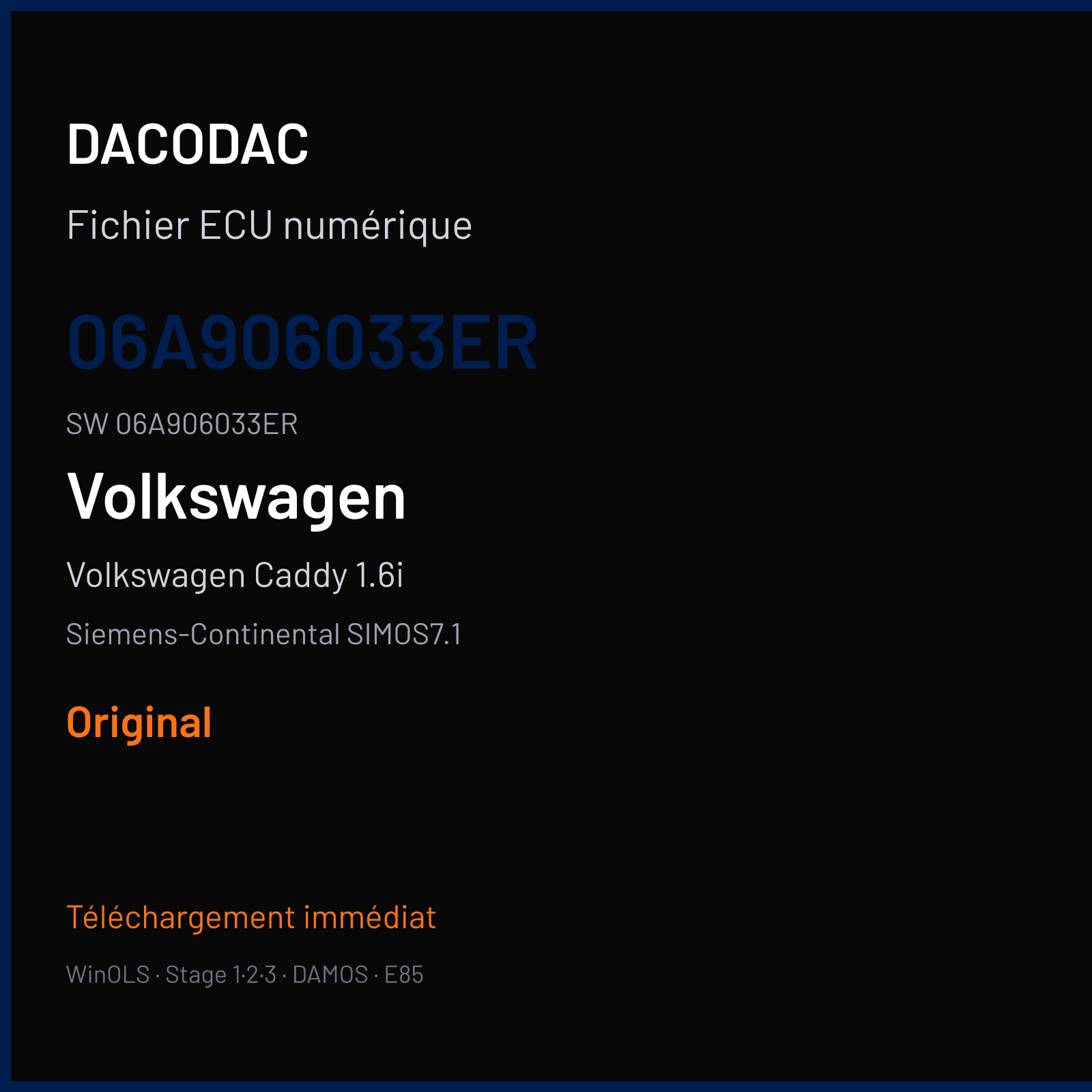 Volkswagen Caddy 1.6i 102 ch — Siemens-Continental SIMOS7.1 — 06A906033ER · 06A906033ER · S713117000000 — Original