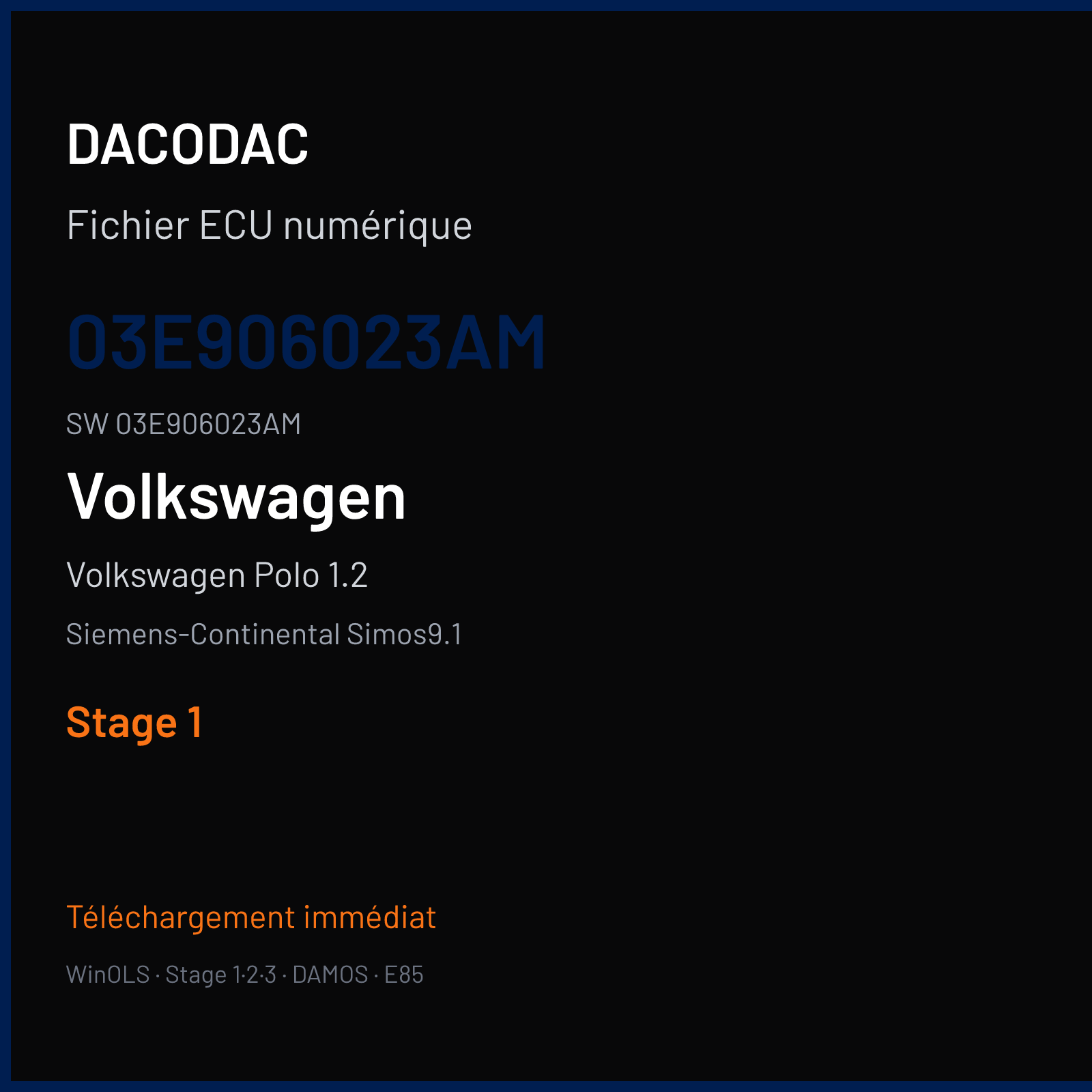 Volkswagen Polo 1.2 60 ch (2009) — Siemens-Continental Simos9.1 — 03E906023AM · 03E906023AM · S912018400000 — Stage 1