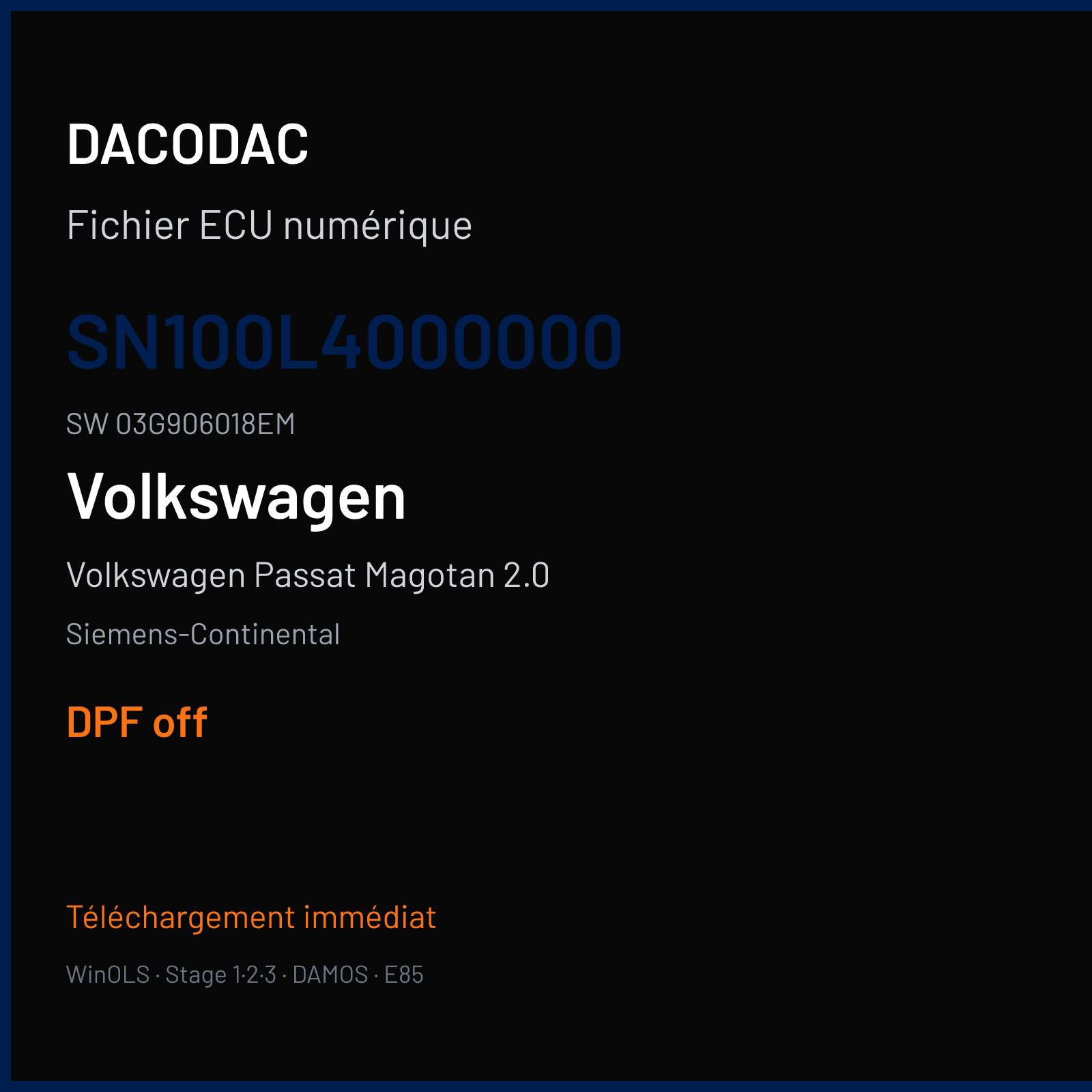 Volkswagen Passat Magotan 2.0 170 ch (2007) — Siemens-Continental — SN100L4000000 · 03G906018EM · SN100L4000000 PPD 1.2 — DPF off