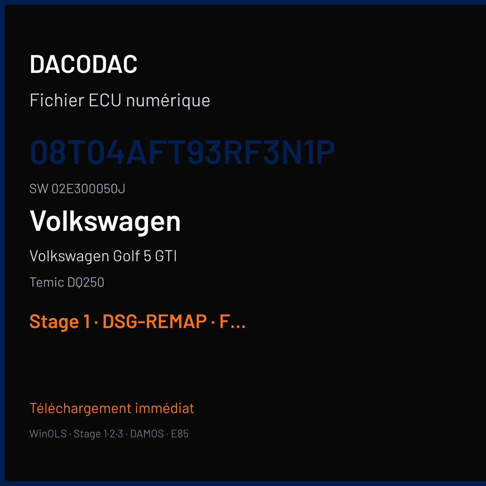 Volkswagen Golf 5 GTI 200 ch (2008) — Temic DQ250 — 08T04AFT93RF3N1P · 02E300050J · 0698J0802ea getriebe DSG OF8J — Stage 1