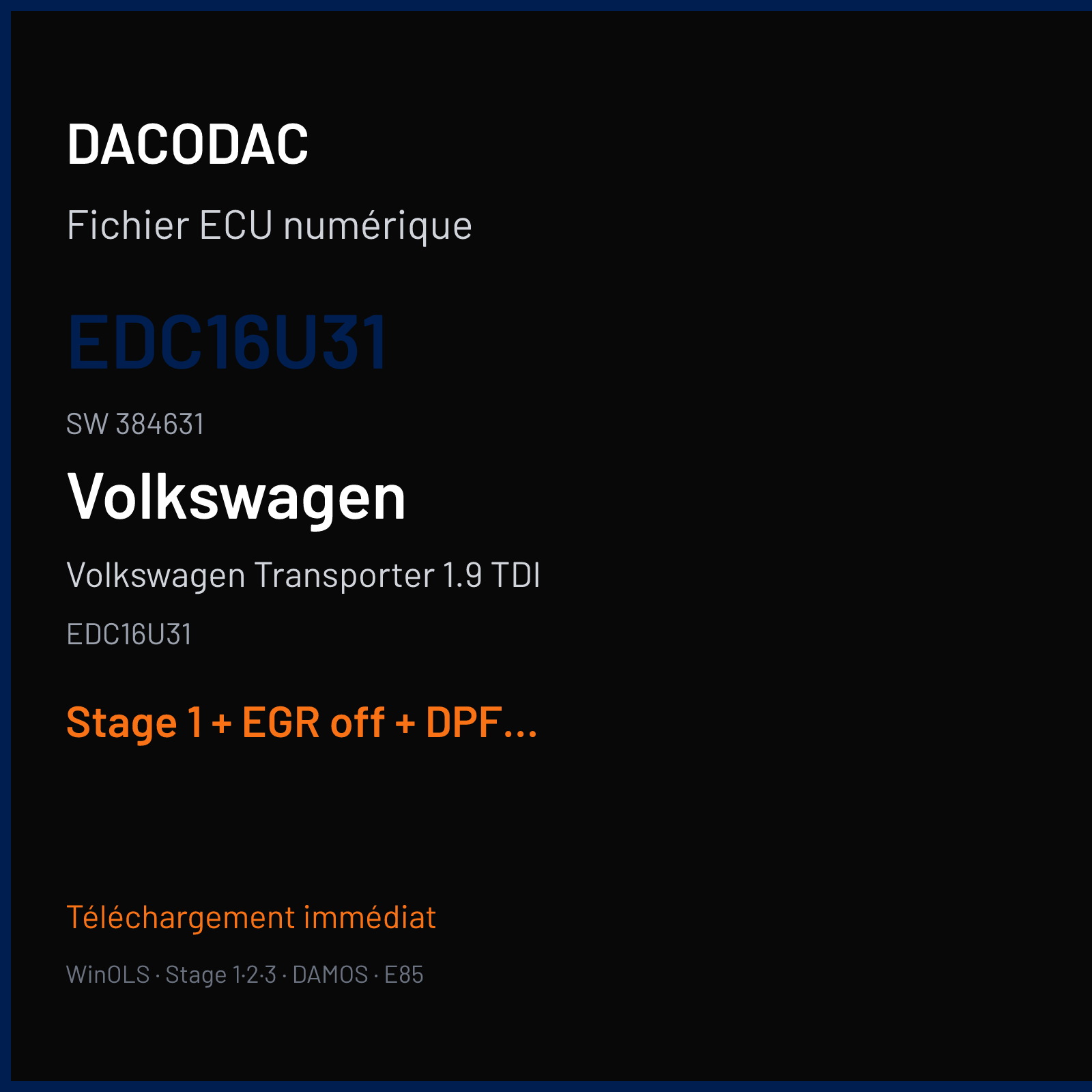 Volkswagen Transporter 1.9 TDI (2007) — EDC16U31 — EDC16U31 · 384631 — Stage 1 + EGR off + DPF off