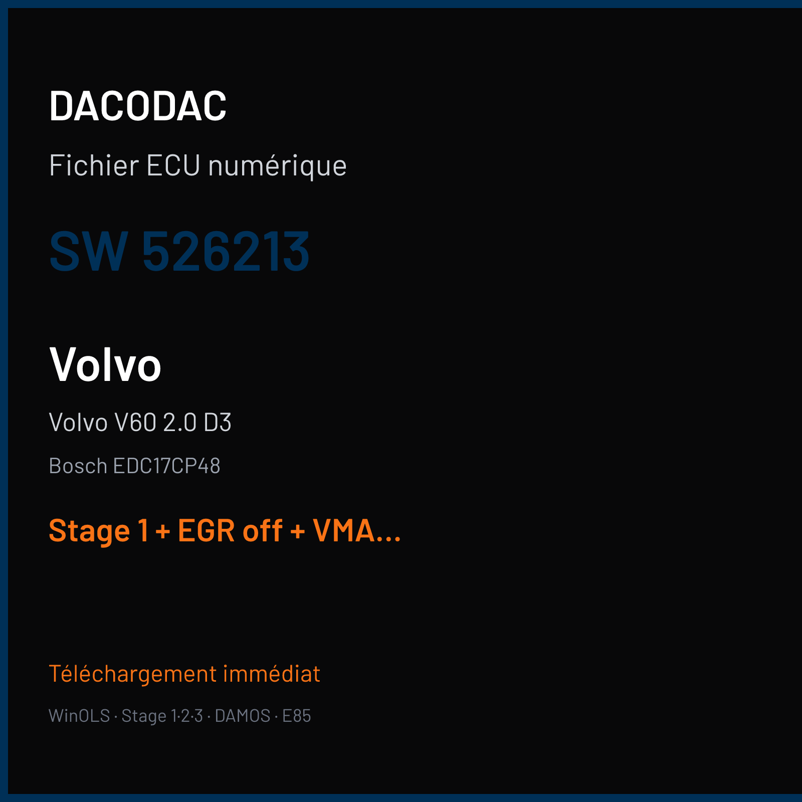 Volvo V60 2.0 D3 (2014) — Bosch EDC17CP48 — 526213 — Stage 1 + EGR off + VMAX off