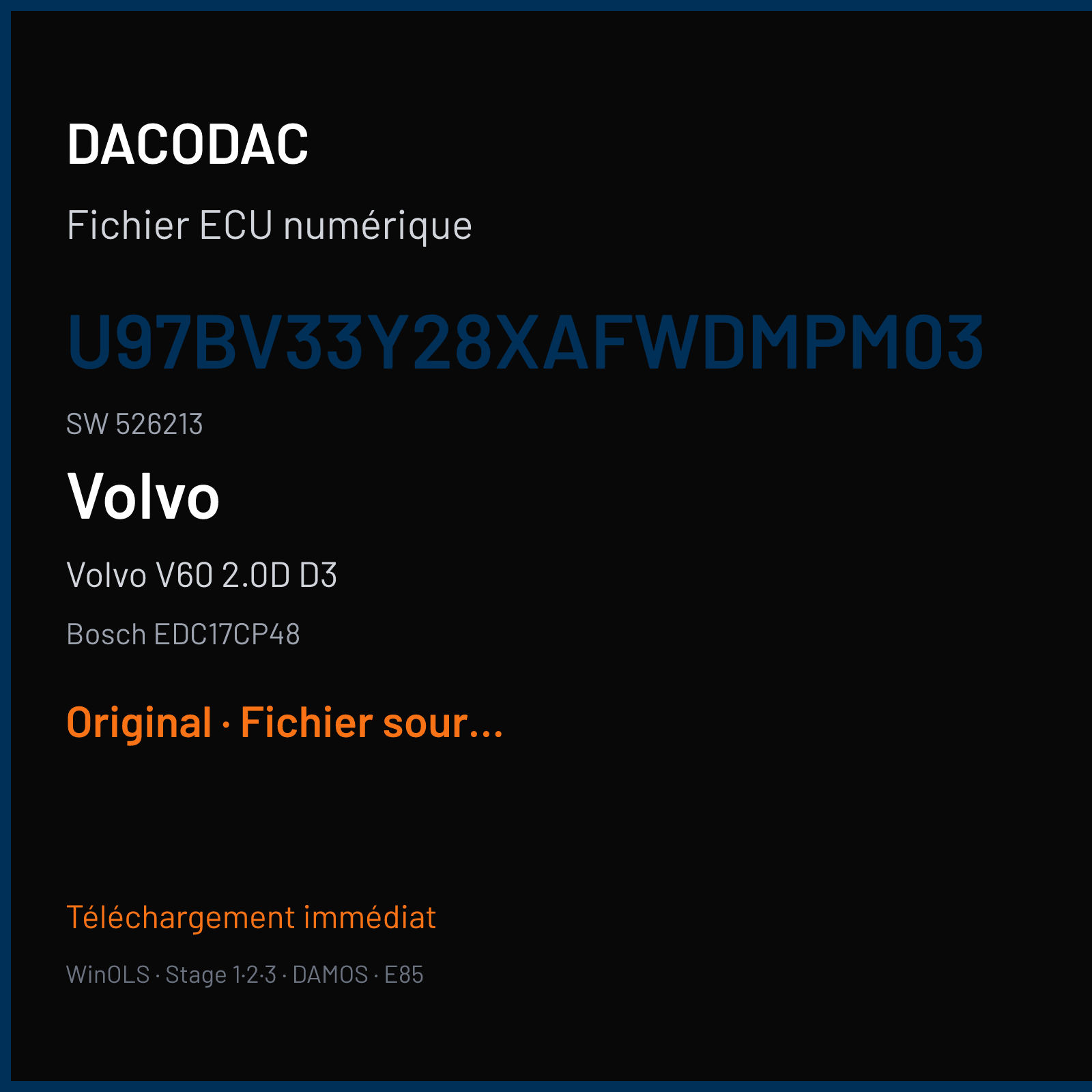 Volvo V60 2.0D D3 (2012) — Bosch EDC17CP48 — U97BV33Y28xAFWDMPM03 · 526213 — Original