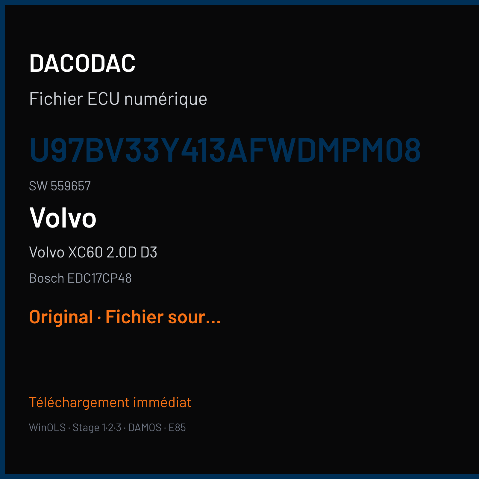 Volvo XC60 2.0D D3 (2012) — Bosch EDC17CP48 — U97BV33Y413AFWDMPM08 · 559657 — Original