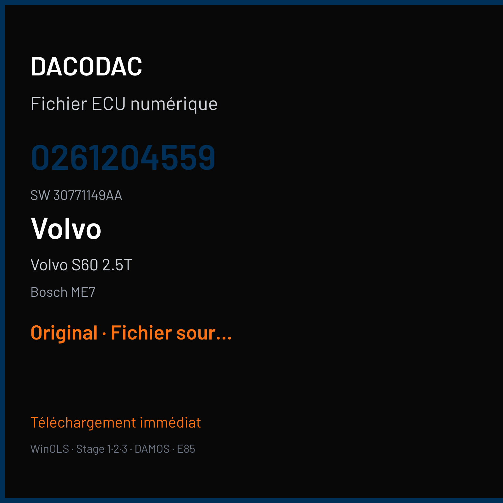 Volvo S60 2.5T 300 ch (2006) — Bosch ME7 — 0261204559 · 30771149AA · 359462 — Original