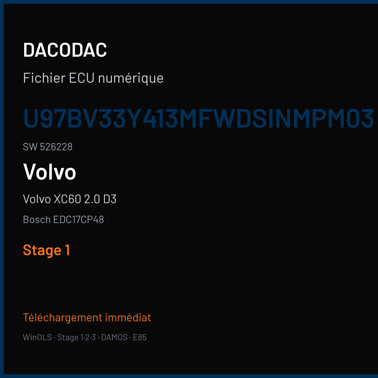 Volvo XC60 2.0 D3 (2012) — Bosch EDC17CP48 — U97BV33Y413MFWDSINMPM03 · 526228 — Stage 1