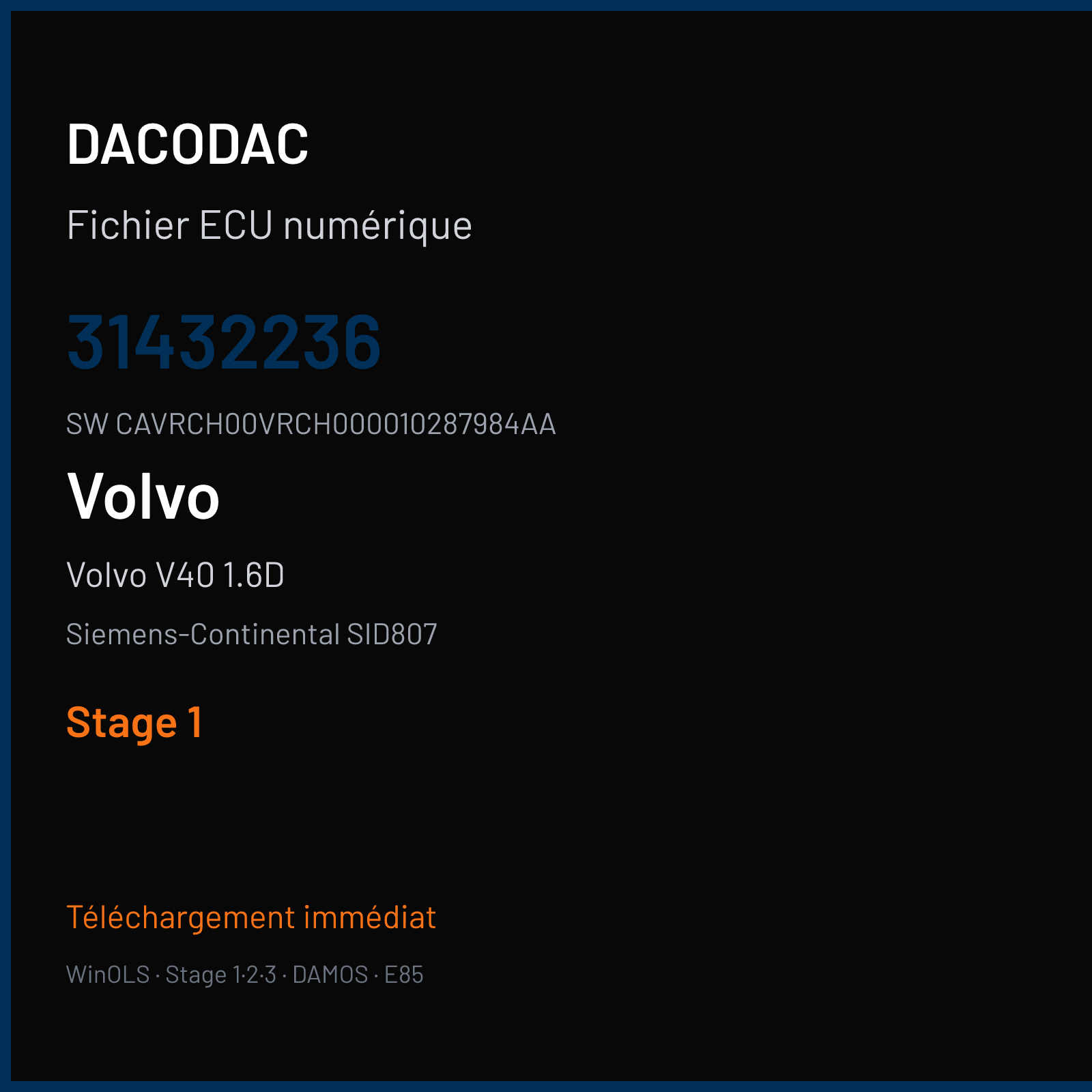 Volvo V40 1.6D 115 ch (2014) — Siemens-Continental SID807 — 31432236 · CAVRCH00VRCH000010287984AA · VRCA1H0000000 — Stage 1