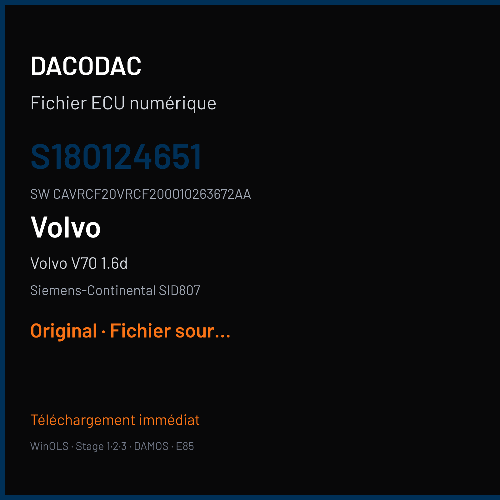 Volvo V70 1.6d 115 ch (2012) — Siemens-Continental SID807 — S180124651 · CAVRCF20VRCF200010263672AA · VRCA1F2000000 — Original