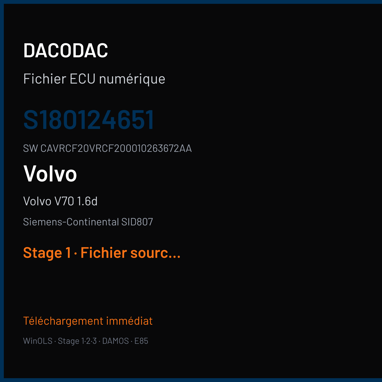 Volvo V70 1.6d 115 ch (2012) — Siemens-Continental SID807 — S180124651 · CAVRCF20VRCF200010263672AA · VRCA1F2000000 — Stage 1