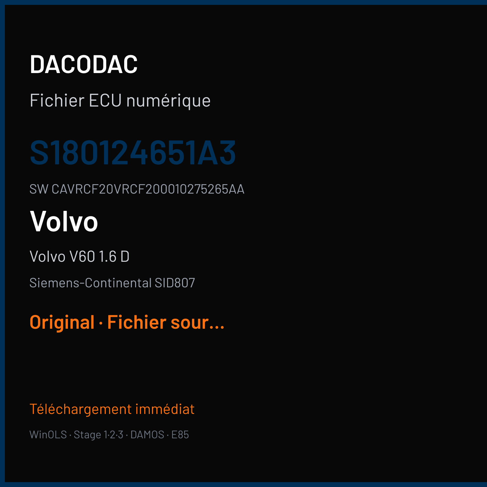 Volvo V60 1.6 D 115 ch (2014) — Siemens-Continental SID807 — S180124651A3 · CAVRCF20VRCF200010275265AA · VRCA1F2000000 — Original