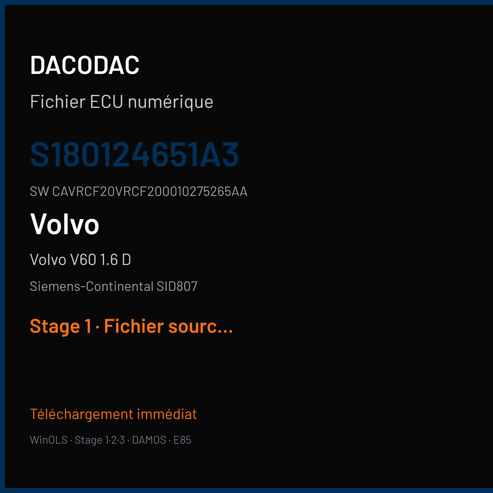 Volvo V60 1.6 D 115 ch (2014) — Siemens-Continental SID807 — S180124651A3 · CAVRCF20VRCF200010275265AA · VRCA1F2000000 — Stage 1