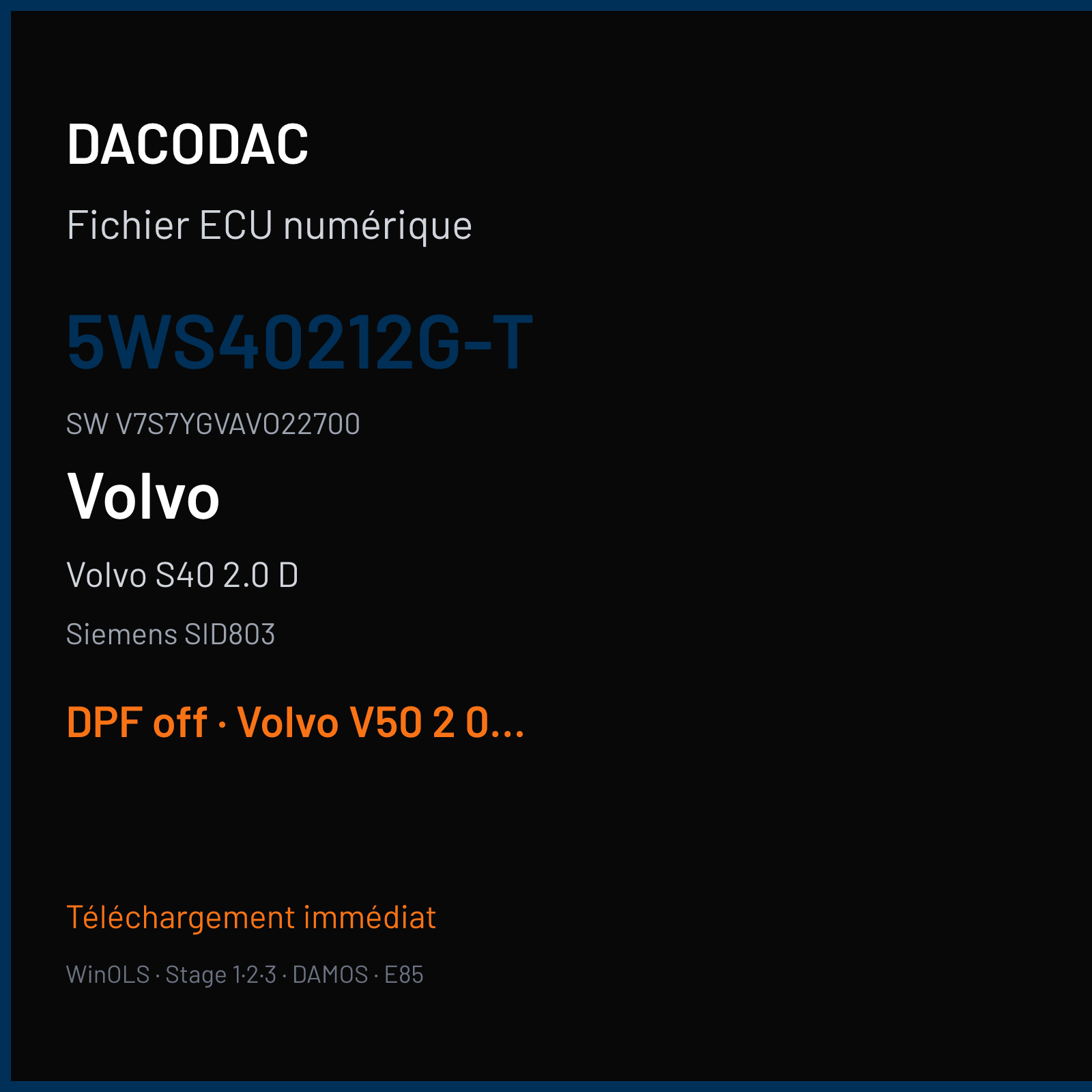Volvo S40 2.0 D 136 ch (2005) — Siemens SID803 — 5WS40212G-T · V7S7YGVAVO22700 · VO20027000000 — DPF off