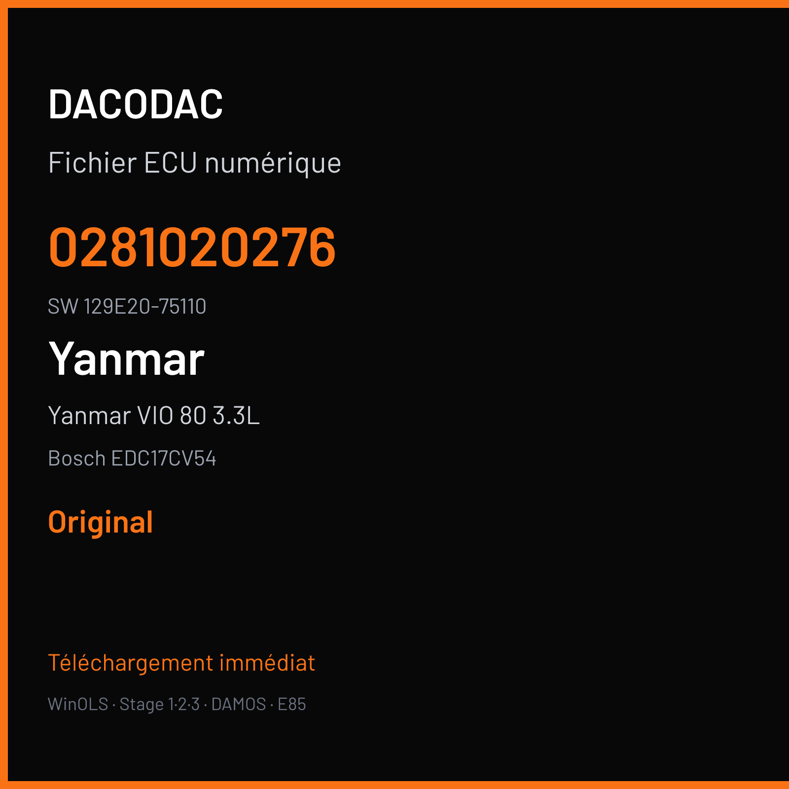 Yanmar VIO 80 3.3L 70 ch (2016) — Bosch EDC17CV54 — 0281020276 · 129E20-75110 · 130723B1439 — Original